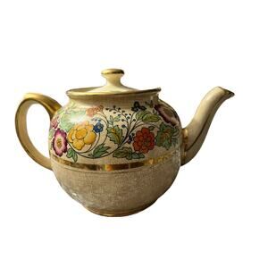 Vintage James Sadler Floral Flower Teapot Made In England Gold Trim 4 Cup 5 Inch
